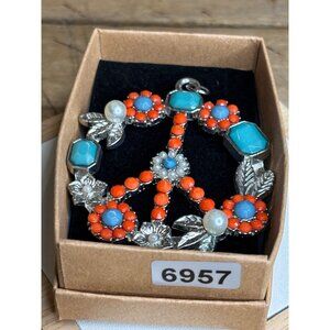 Metallic Floral Peace Sign Pendant With Orange & Turquoise Beads Faux Pearls & S